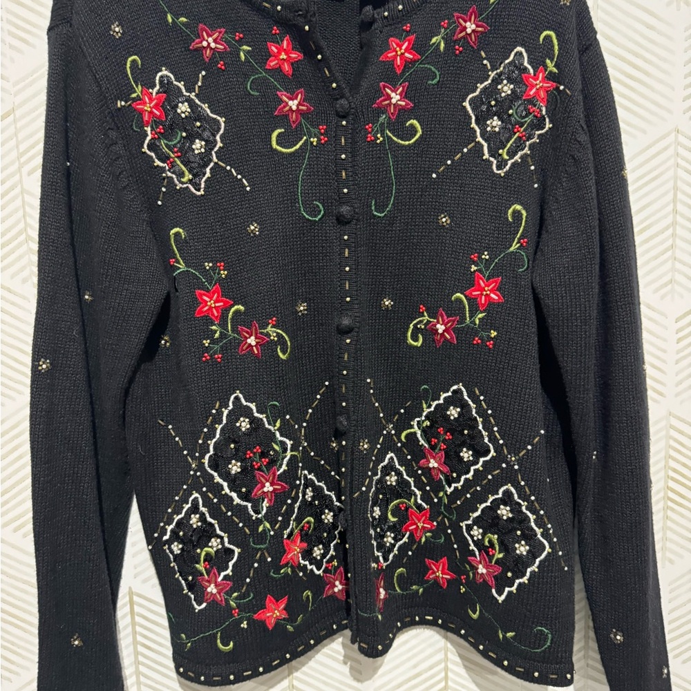 VTG 90s ERIKA BEADED EMBROIDERED CHRISTMAS CARDIGAN‎ SWEATER Size Medium